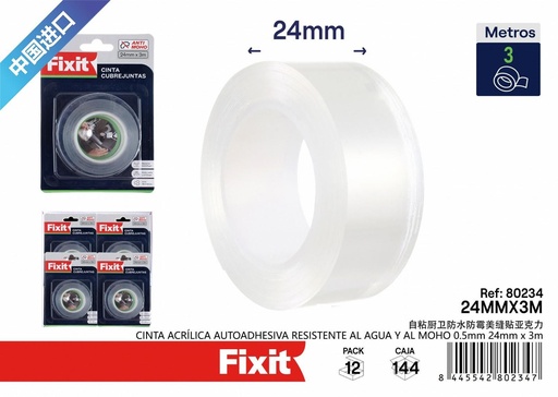 [80234] Cinta acrílica autoadhesiva resistente al agua 24mm*3m - Suministros de construcción