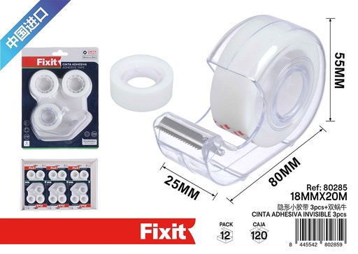 [80285] Cinta adhesiva invisible 18mm x 20m (3 piezas) - Suministros de oficina y cinta