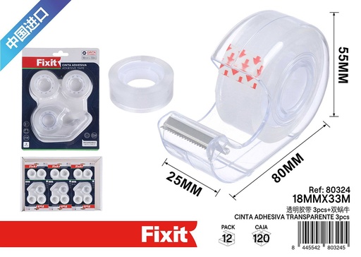 [80324] Cinta adhesiva transparente 18mm*33m 3pcs - Material de oficina y adhesivos