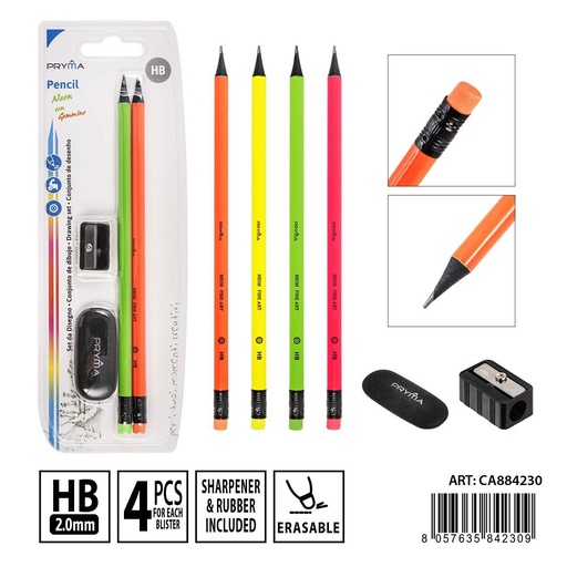 [0233826] Lápiz HB 4 pcs + sacapuntas + goma blanca - Utensilios de escritura