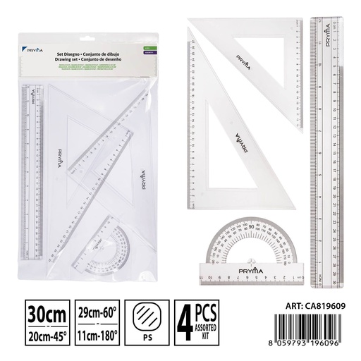 [0230748] Set de regla 30cm y escuadra 20cm 45°/29cm 60° - Utensilios escolares y de medición