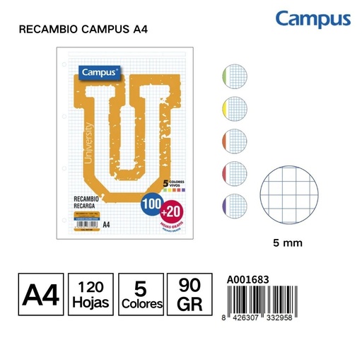 [A001683] Recambio Campus A4 120H 90g Cuadr. 5mm colores - Papel para proyectos escolares