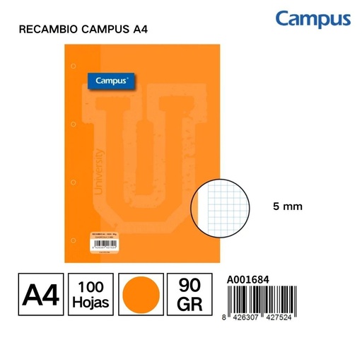 [A001684] Recambio Campus A4 100H 90g Rayado Naranja - Papel de uso escolar en A4