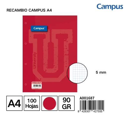 [A001687] Recambio Campus A4 100H 90g Cuadr. 5mm Roja - Papel para uso diario