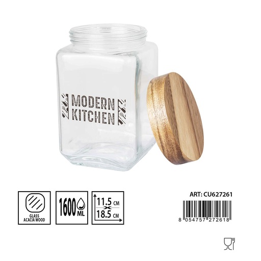 [0235320] Bote de vidrio con tapa acacia 11,5X18,5CM 1600ML - Almacenaje de vidrio