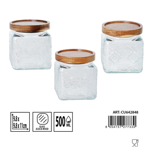 [0235872] Bote de cristal 500ML con tapa de acacia 9.8X9.8X11CM - Almacenamiento