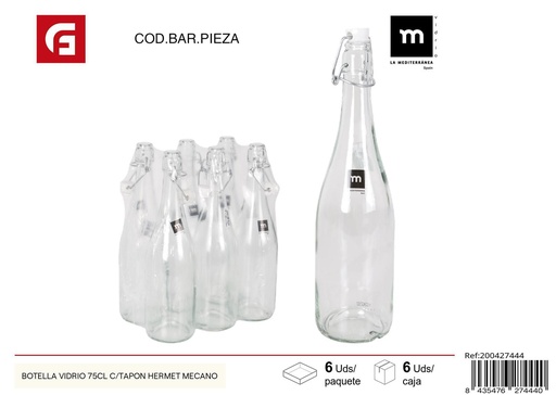 [200427444] Botella de vidrio de 75cl con tapón hermético mecánico - Botellas de vidrio
