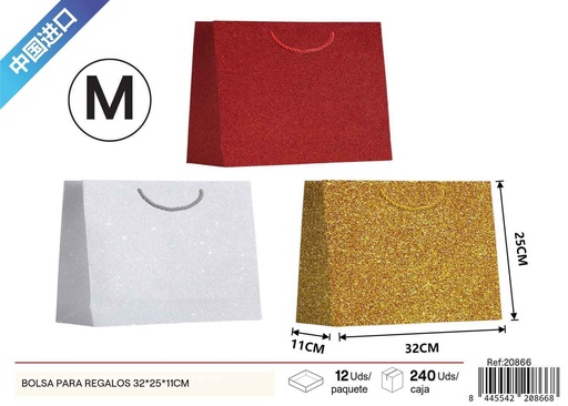 [20866] Bolsa para regalos con brillo de 3 colores horizontal mediana 32*25*11cm - Bolsas de regalo