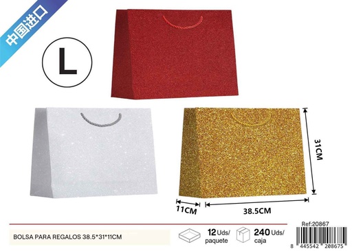 [20867] Bolsa para regalos con brillo de 3 colores horizontal grande 38.5*31*11cm - Bolsas de regalo