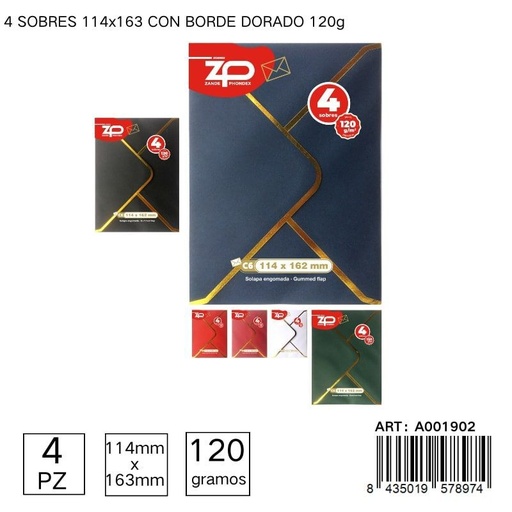 [A001902] Paquete de 4 sobres con borde dorado 114x163 120g - Papelería y empaques
