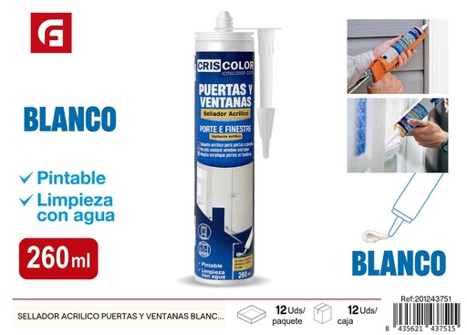 [201243751] Sellador acrílico para puertas y ventanas blanco 260 ml - Silicones y adhesivos