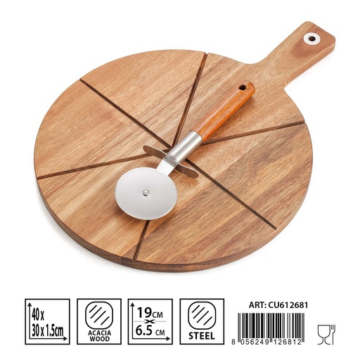 [0235905] Tabla de madera ovalada con cortador de pizza de 40x30x1.5 cm - Utensilios de cocina