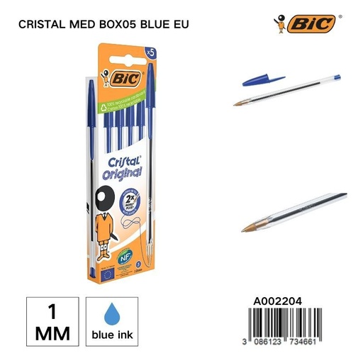 [A002204] Bolígrafo BIC Cristal Med 1 mm caja de 5 unidades - Útiles de escritura y papelería