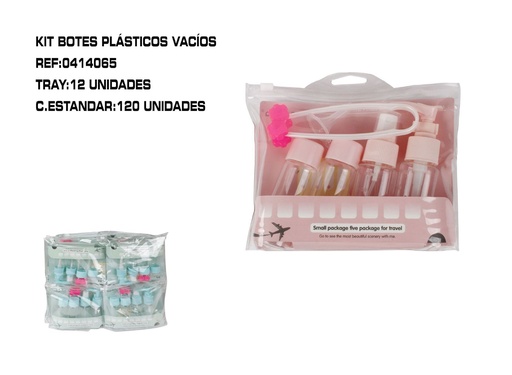 [0414065] Set de 4 botes para viaje + masajito + embudo + etiquetas 12/set - Envases para viaje