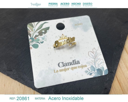 [20861] Anillo de acero con nombre "Claudia" color dorado - Anillos personalizados