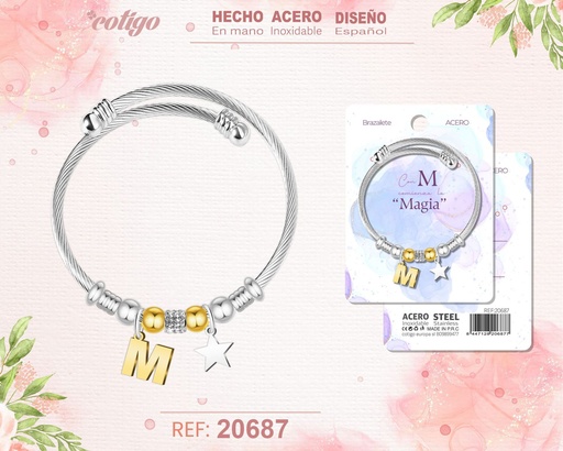 [20687] Brazalete de acero con letra M - Joyería personalizada moderna