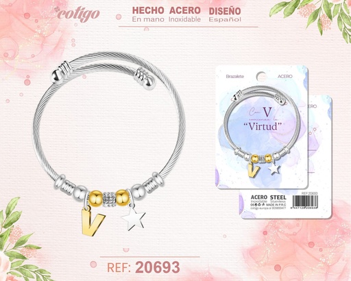 [20693] Brazalete de acero con letra V - Joyería y accesorios
