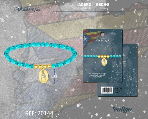 [20144] Pulsera turquesa elástica con Virgen de Montserrat de acero dorado - Joyería regional