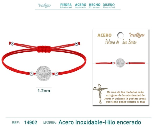 [14902] Pulsera de hilo encerado rojo con San Benito plateado - Accesorios de joyería