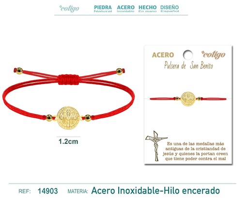 [14903] Pulsera de hilo encerado rojo con San Benito dorado - Accesorios de joyería