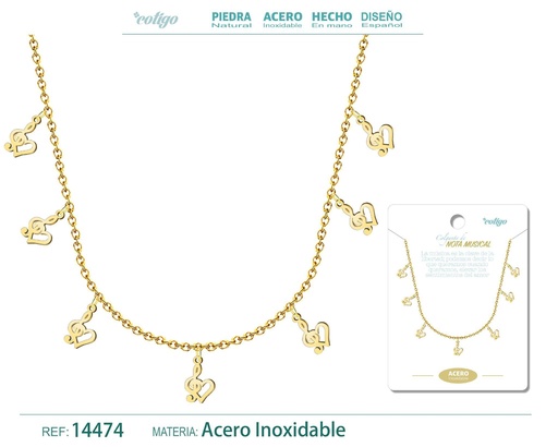 [14474] Collar con 7 colgantes de Nota Musical Dorado - Accesorios de joyería para amantes de la música