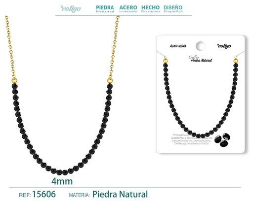 [15606] Collar de ágata negra 4 mm - Joyería de piedra natural y acero