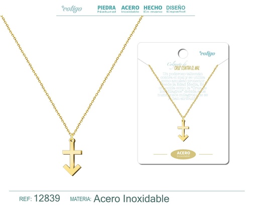 [12839] Colgante Cruz contra el Mal de Acero Color Dorado - Accesorios de joyería y collares