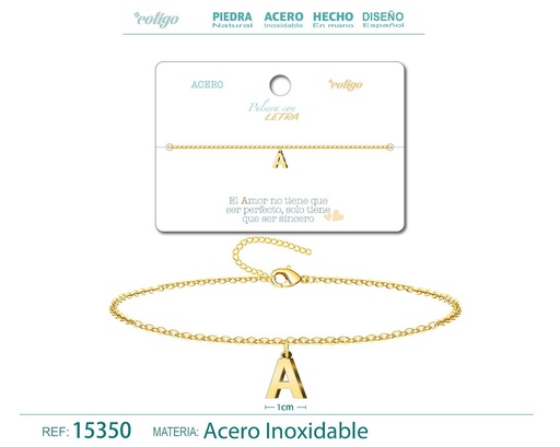 [15350] Pulsera de acero con letra "A" color dorado - Pulseras de letras