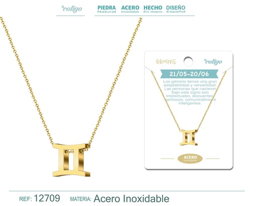 [12709] Collar de acero con zodiaco Géminis color dorado - Joyería zodiacal