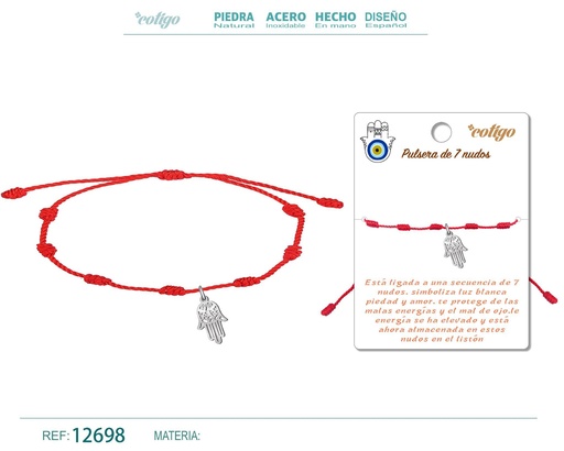 [12698] Pulsera de 7 nudos con mano de Fátima en acero plateado - Joyería y accesorios