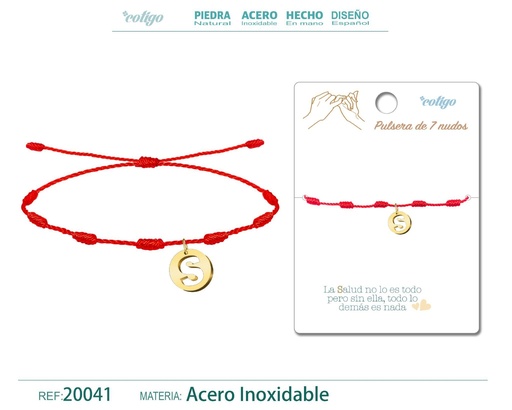 [20041] Pulsera de 7 nudos con letra S en color dorado - Joyería y accesorios