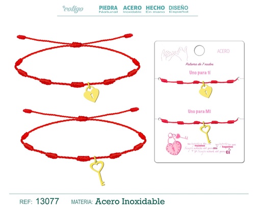 [13077] Pulsera de 7 nudos con llave y candado en acero dorado - Joyería de amistad para parejas 