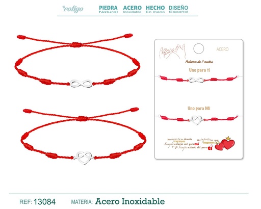 [13084] Pulsera de 7 nudos con símbolo infinito y corazón en acero plateado - Joyería de amistad para parejas 