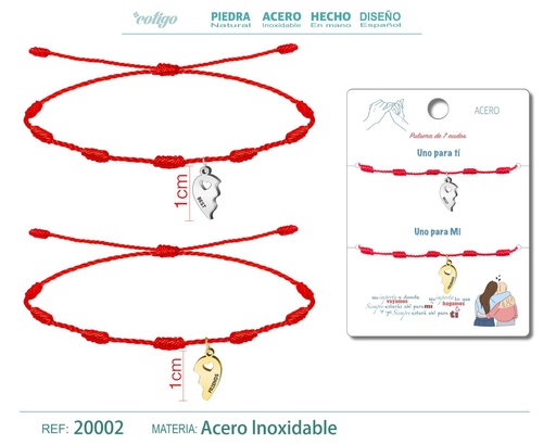 [20002] Pulsera de 7 Nudos para amistad con medio corazón en acero y dorado - Pulseras de amistad