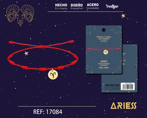 [17084] Pulsera de 7 Nudos con Aries en acero color dorado - Pulseras zodiacales