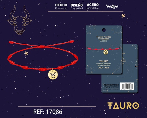 [17086] Pulsera de 7 Nudos con Tauro en acero color dorado - Pulseras zodiacales