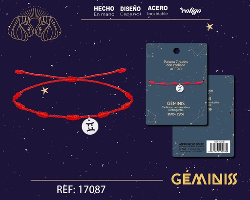 [17087] Pulsera de 7 Nudos con Géminis en acero color plateado - Pulseras zodiacales