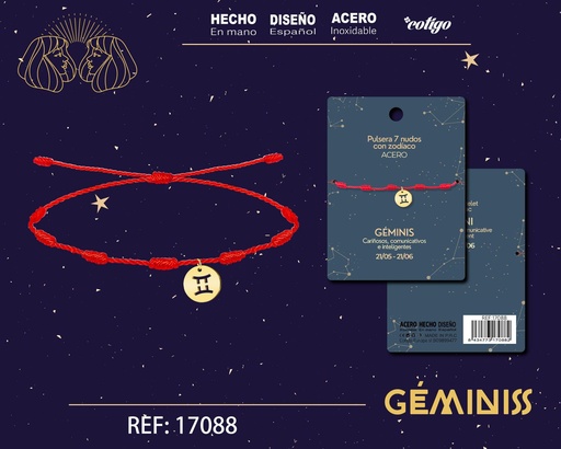 [17088] Pulsera de 7 Nudos con Géminis en acero color dorado - Pulseras zodiacales