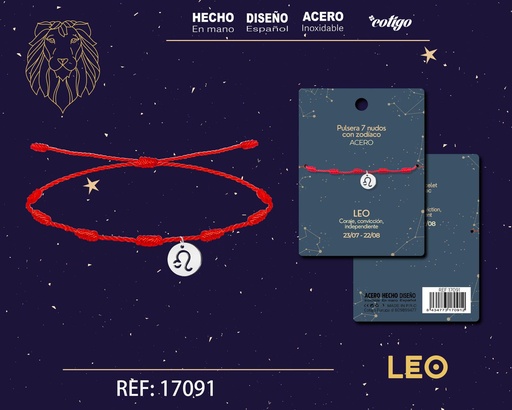 [17091] Pulsera de 7 Nudos con Leo en acero color plateado - Pulseras zodiacales