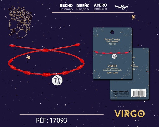 [17093] Pulsera de 7 Nudos con Virgo en acero color plateado - Pulseras zodiacales