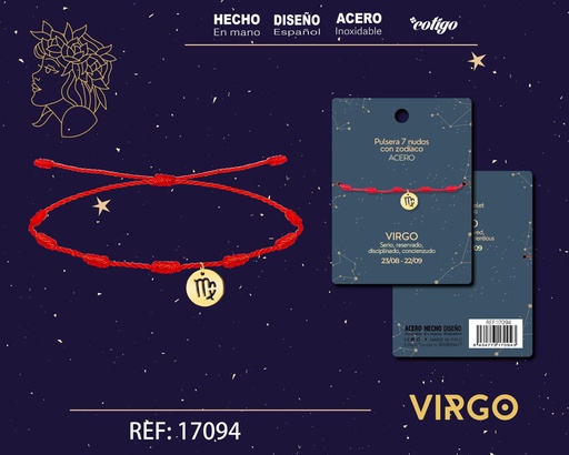 [17094] Pulsera de 7 Nudos con Virgo en acero color dorado - Pulseras zodiacales