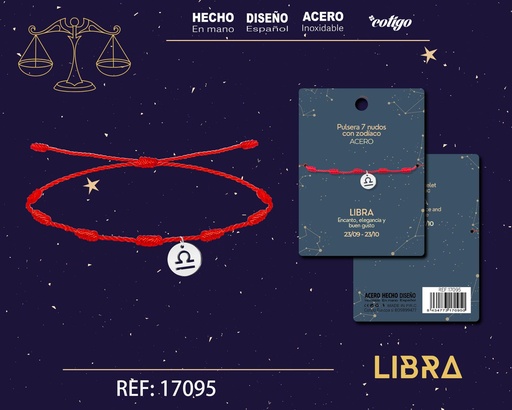 [17095] Pulsera de 7 Nudos con Libra en acero color plateado - Pulseras zodiacales