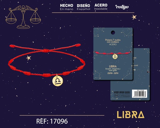 [17096] Pulsera de 7 Nudos con Libra en acero color dorado - Pulseras zodiacales