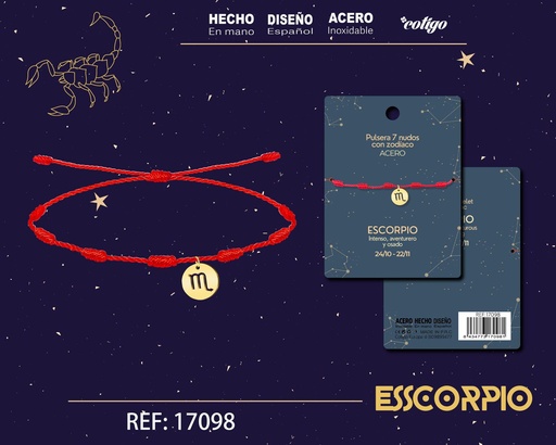 [17098] Pulsera de 7 Nudos con Escorpio en acero color dorado - Pulseras zodiacales