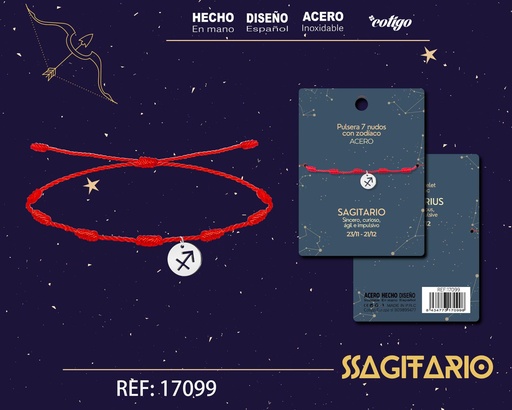 [17099] Pulsera de 7 Nudos con Sagitario en acero color plateado - Pulseras zodiacales