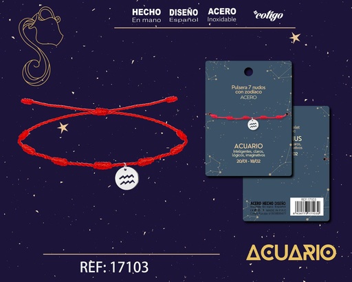 [17103] Pulsera de 7 Nudos con Acuario en acero color plateado - Pulseras zodiacales