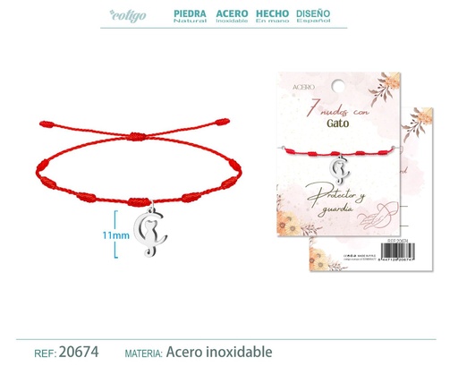[20674] Pulsera de 7 Nudos con Gato color plateado - Pulseras de suerte y protección