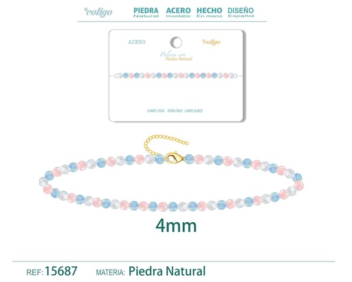 [15687] Pulsera de cuarzo blanco, opalina y cuarzo rosa de 4 mm - Joyería de moda y pulseras