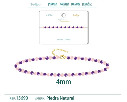 [15690] Pulsera de cuarzo rosa y amatista de 4 mm - Joyería de moda y pulseras