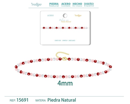 [15691] Pulsera de carneola, cuarzo blanco y cuarzo rosa de 4 mm - Joyería de moda y pulseras